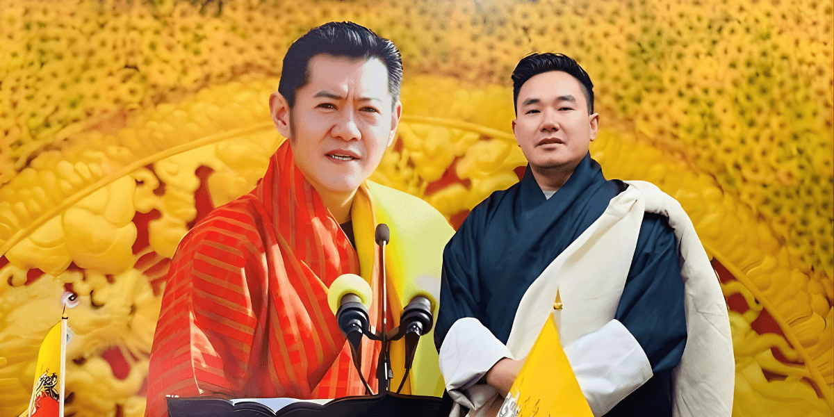 A tribute to Bhutan's King, with Sonam Tshering standing beside a larger-than-life image of His Majesty.