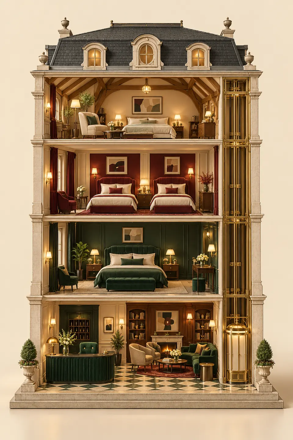 A cream architectural cutaway of a four-storey fictional hotel, with three guest-room floors, a green reception and a brass elevator cabin at ground level.