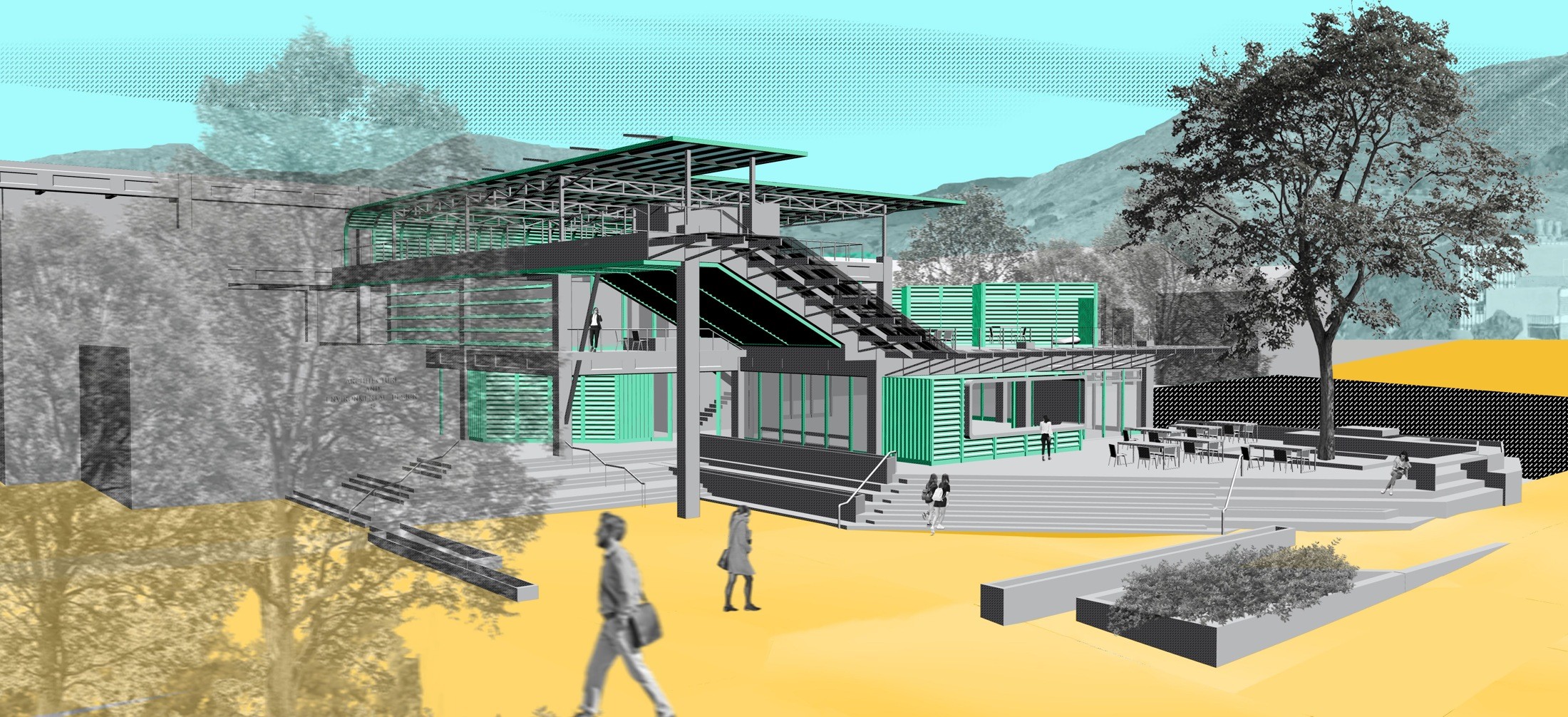 Ground terrace and landscaping.