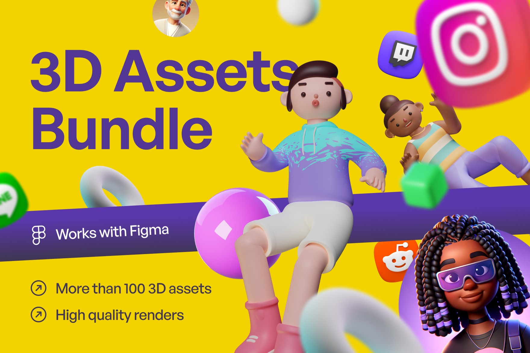 3D Asset Bundle Overview - Image showcasing a mix of 3D Social Media Icons, 3D Avatars Character Pack, Playful 3D Characters, and Geometric 3D Shapes. Diverse characters, versatile shapes, and engaging social media icons ready for presentations, websites, or creative designs in STL, OBJ, FBX formats.