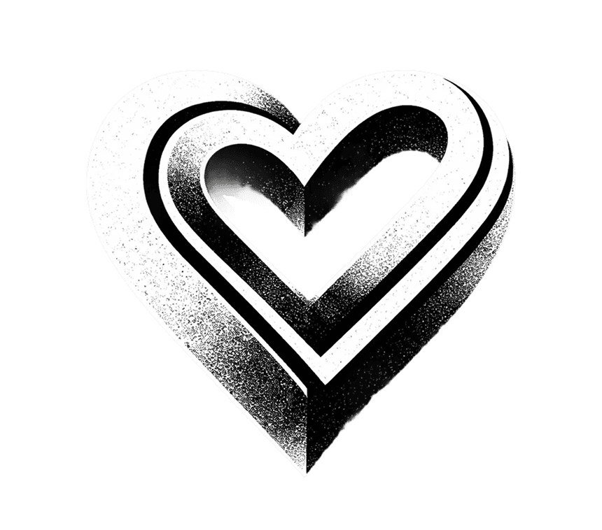 Layered heart shapes in an abstract black and white design, highlighting interface and motion design by Beroz Studio and Albear.