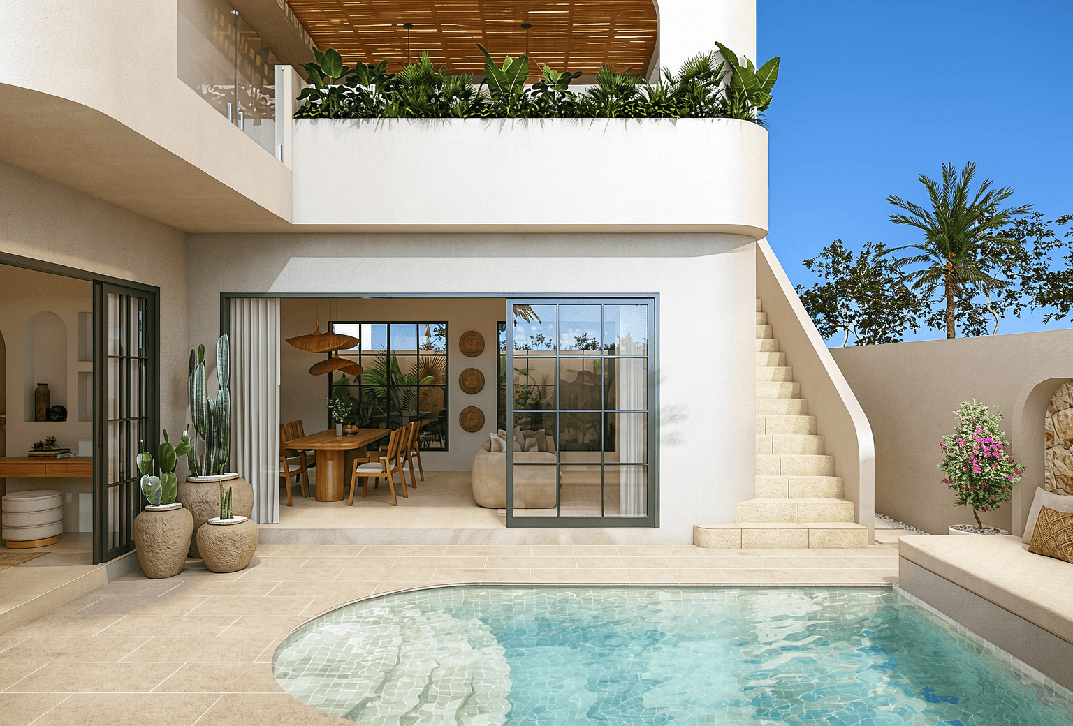 Beautiful pool terrace and exterior view of an Uluwatu residence, perfect for real estate consultation.