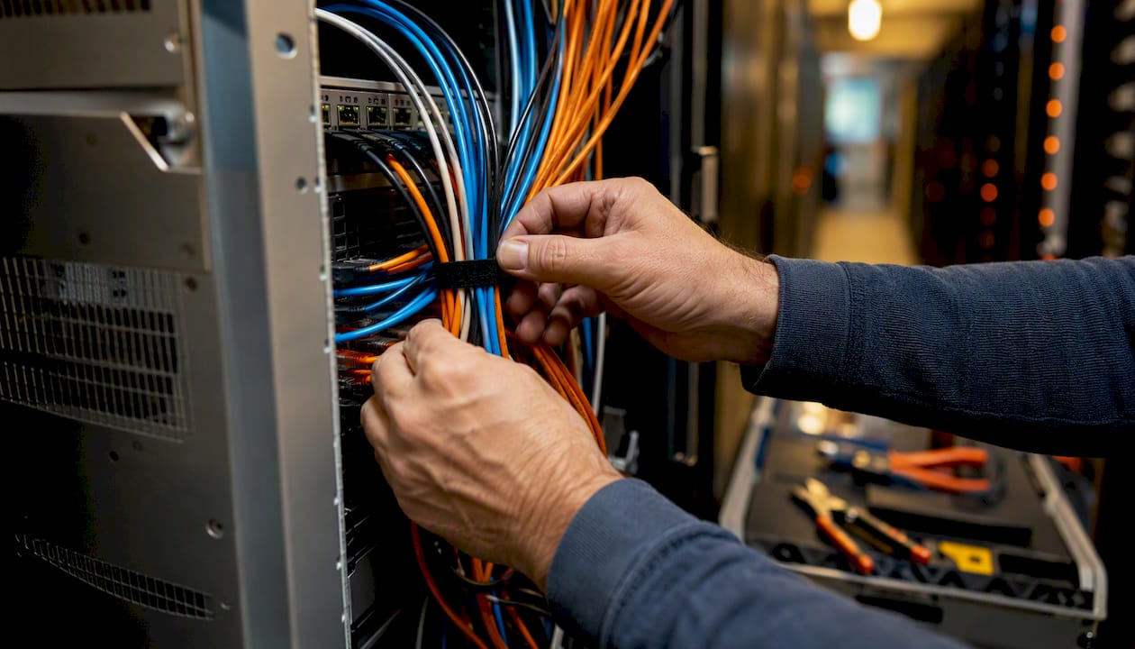 Hands organizing server cables in data center