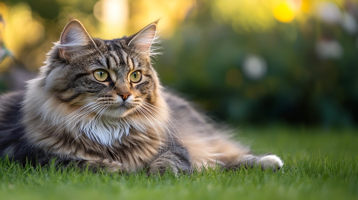 A fancy cat sitting in grass