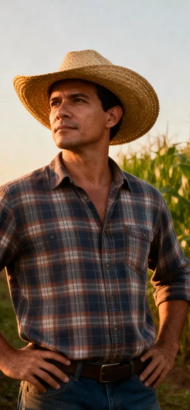Imagem de um produtor com a plantação de fundo