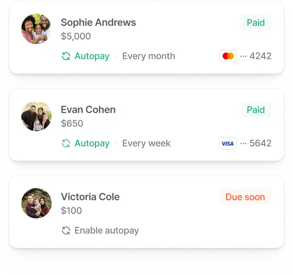 Payment list showing parents paid via autopay and one due soon