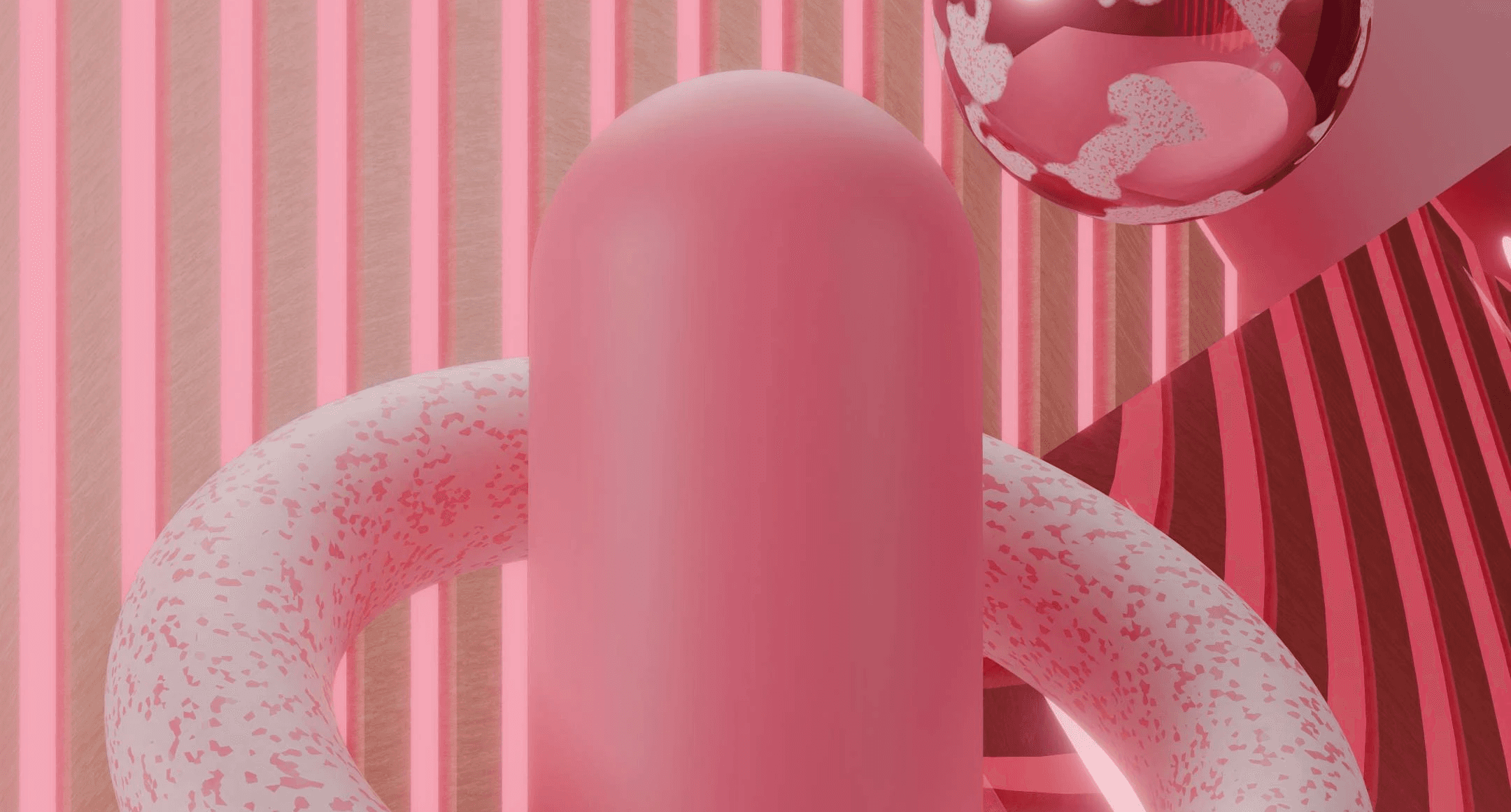 Abstract pink 3D shapes. Cylinder, torus, and geometric design.