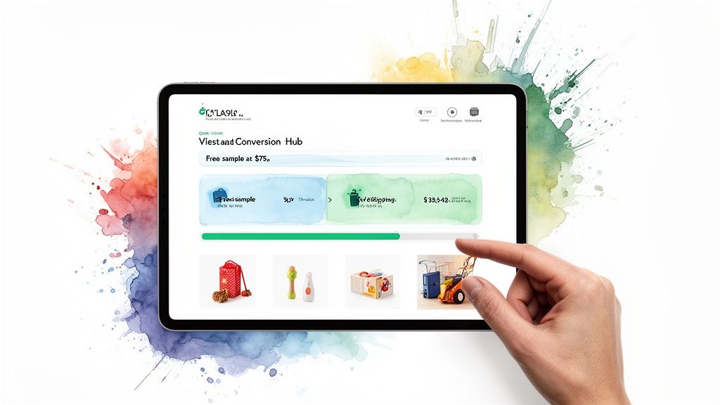 A hand interacts with a tablet displaying an e-commerce dashboard with product images and conversion metrics.