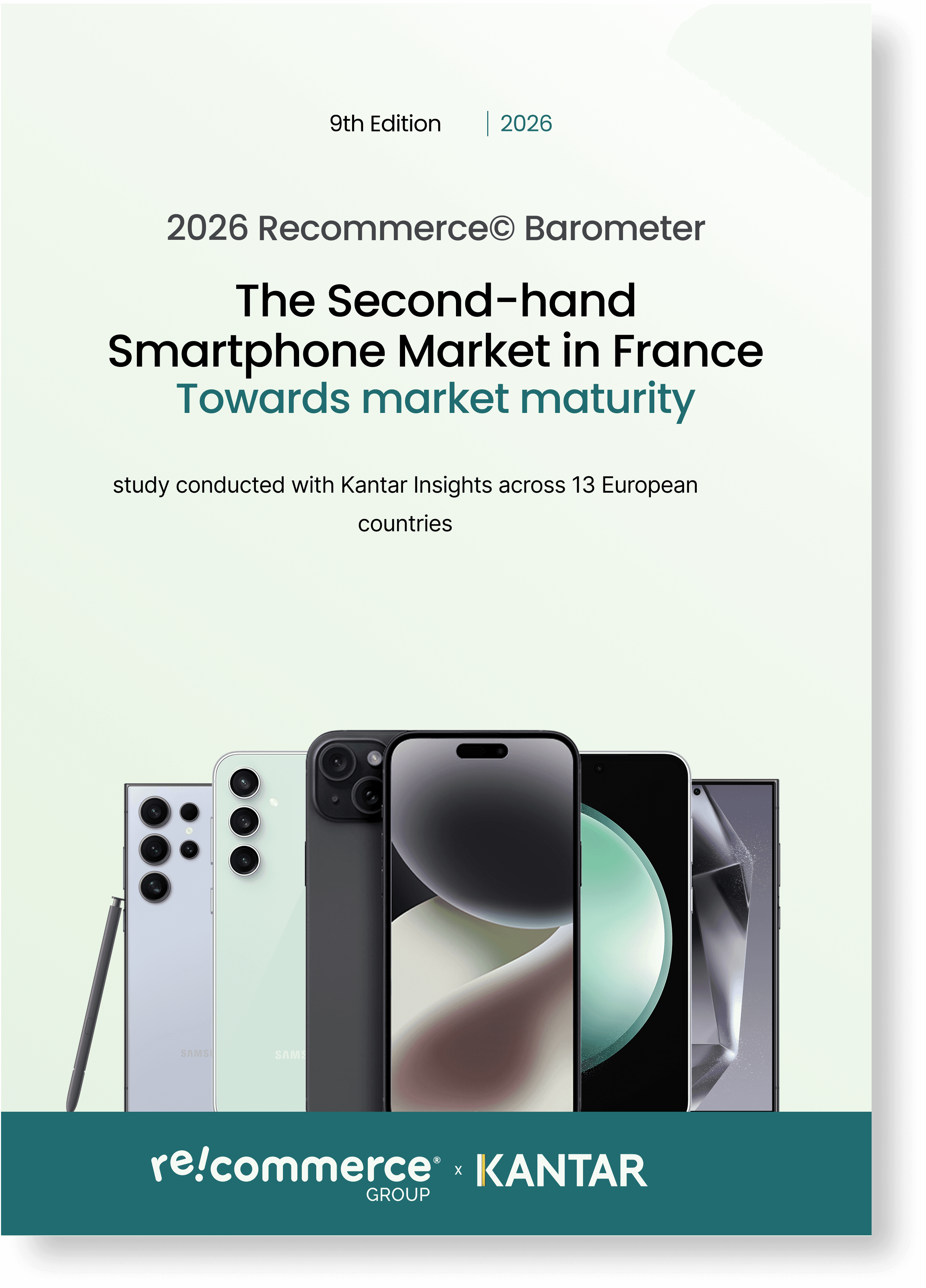 Cover of the 2026 Recommerce Barometer on the used smartphone market in France, featuring a photo of six smartphones 