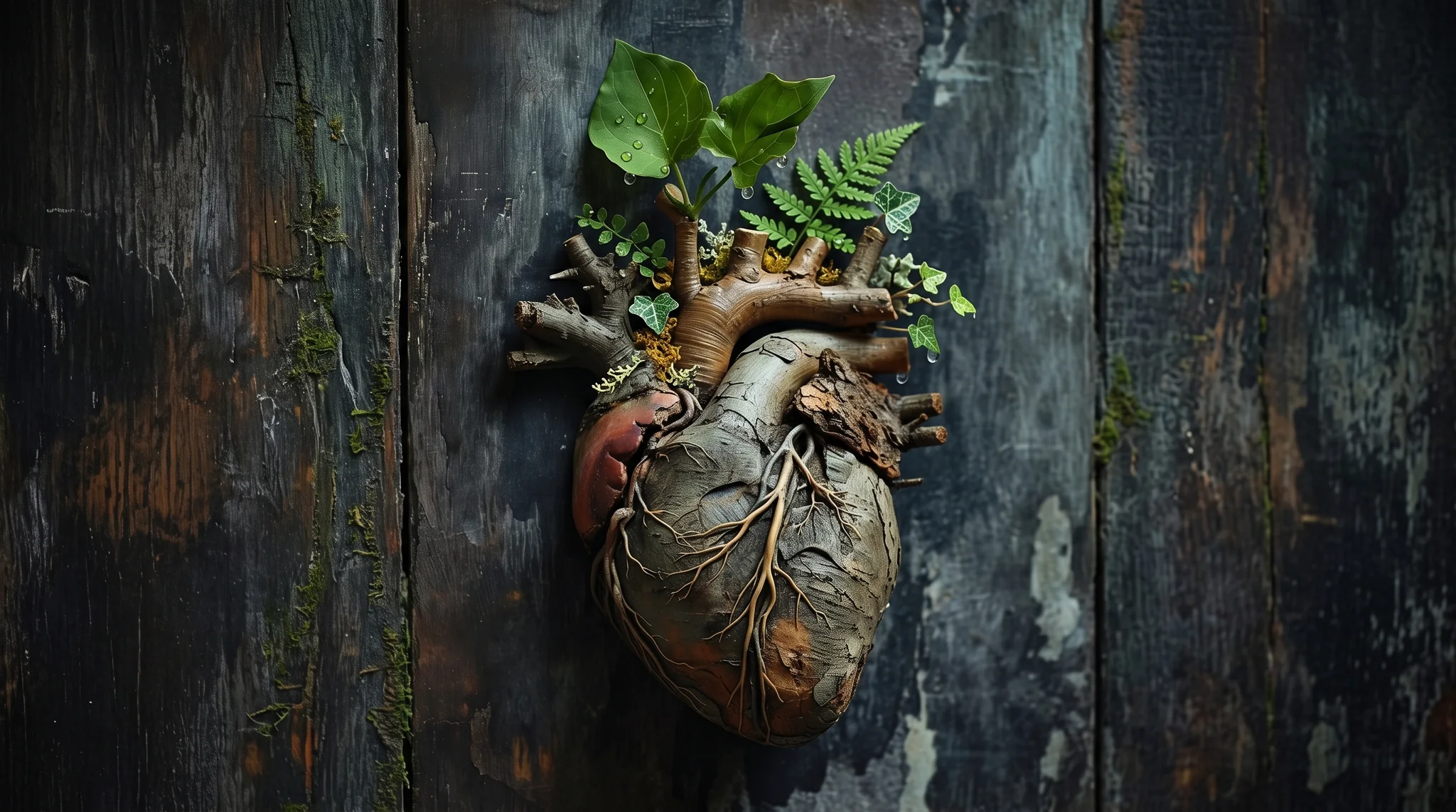 An anatomical heart carved in wood, green shoots growing from its severed roots.