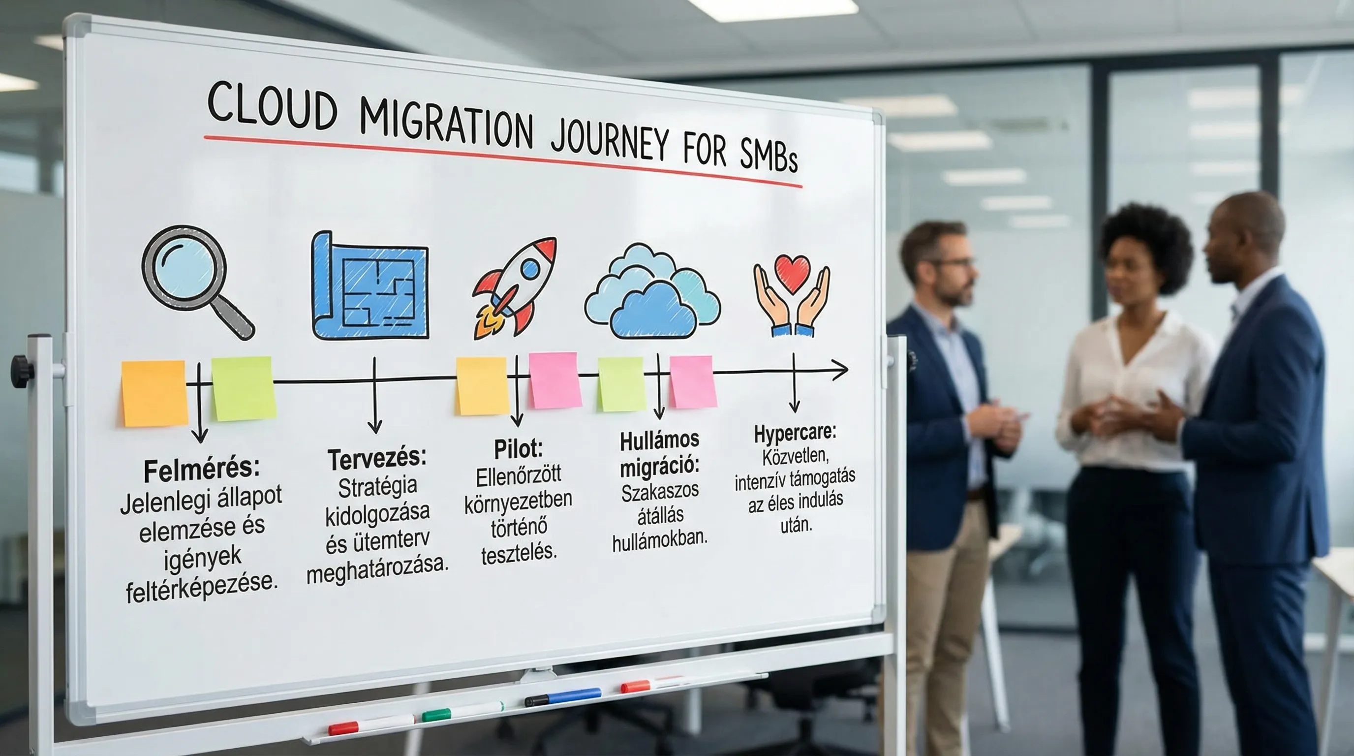 Idővonal jellegű illusztráció felhőmigrációhoz KKV-knak: Felmérés, Tervezés, Pilot, Hullámos migráció, Hypercare. Minden fázis alatt 1-1 rövid célmondat.