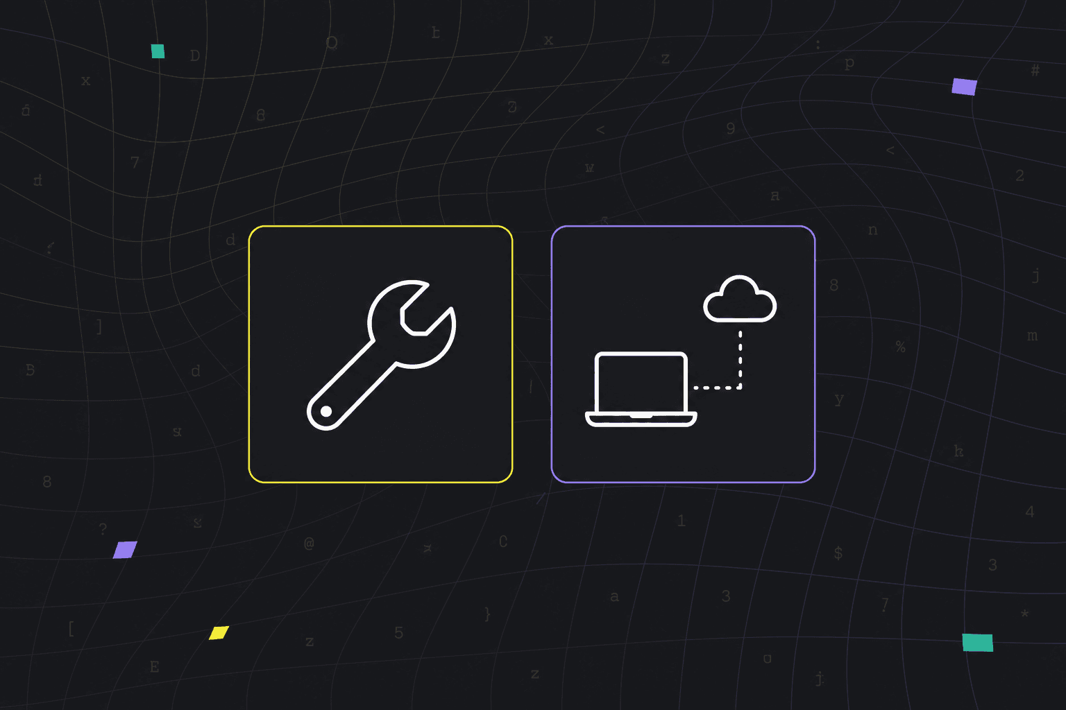 Illustration on a dark background with a coding-themed grid pattern and colorful floating squares (teal, purple, yellow). Two rounded-square icon panels sit side by side: the left panel, outlined in yellow, contains a white wrench icon; the right panel, outlined in purple, contains a white icon of a laptop connected via a dashed line to a cloud symbol.