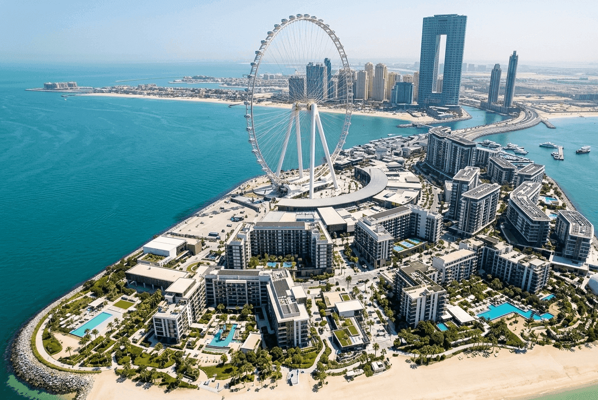 لقطة جوية بانورامية تجمع بين جزيرة بلوواترز وعين دبي الشهيرة مع معالم الجذب السياحي على الواجهة البحرية لمارينا دبي