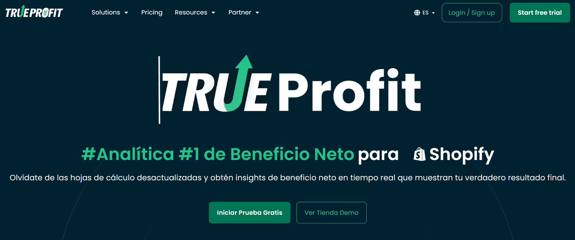 Pantallazo de TrueProfit, una solución orientada al análisis de datos en las tiendas Shopify.
