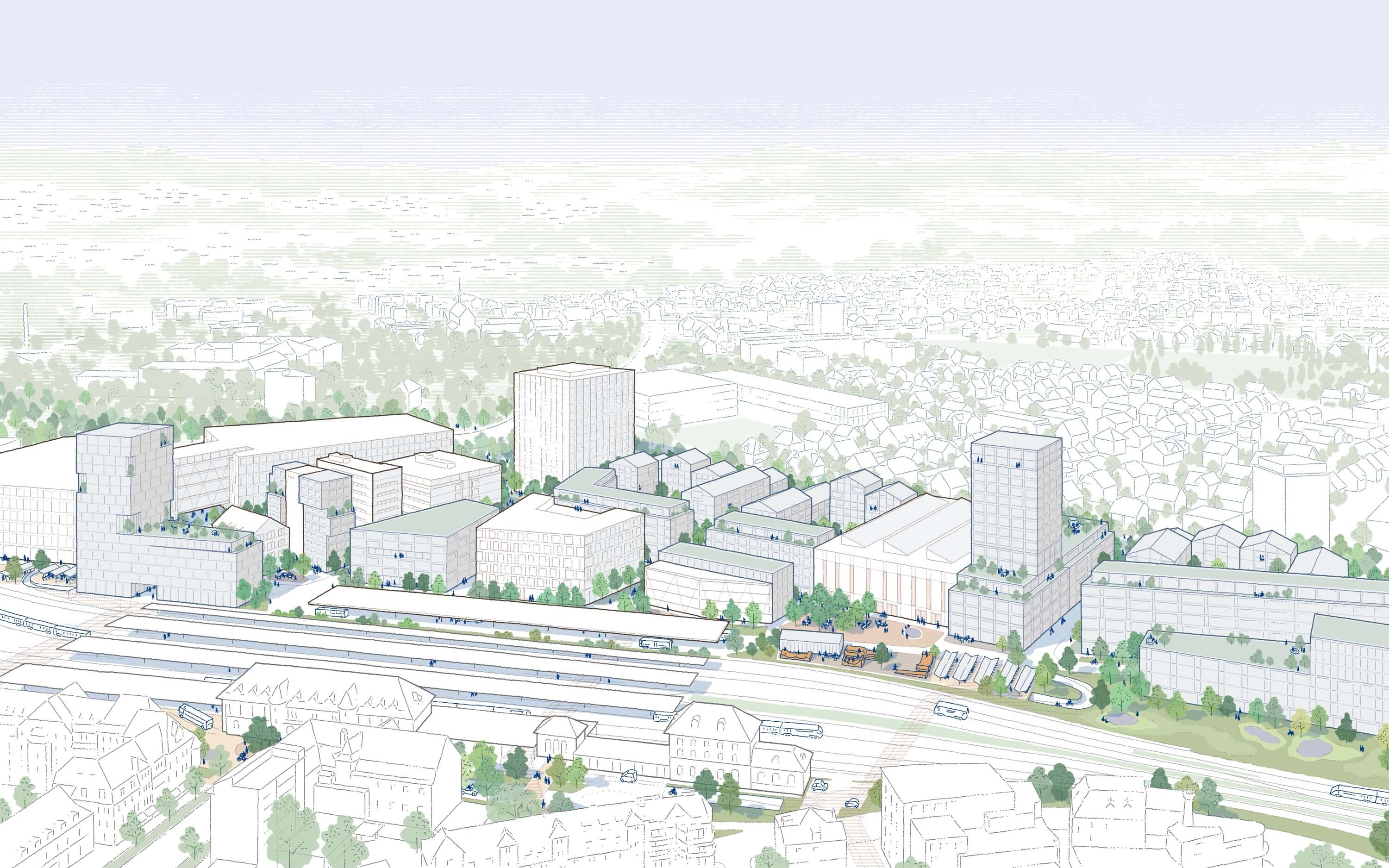 A light and airy landscape depicting a panoramic view of a city, with soft colors and blurred outlines.