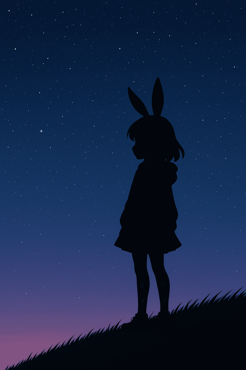 Bun.E standing on a hill at dusk looking in to the distance