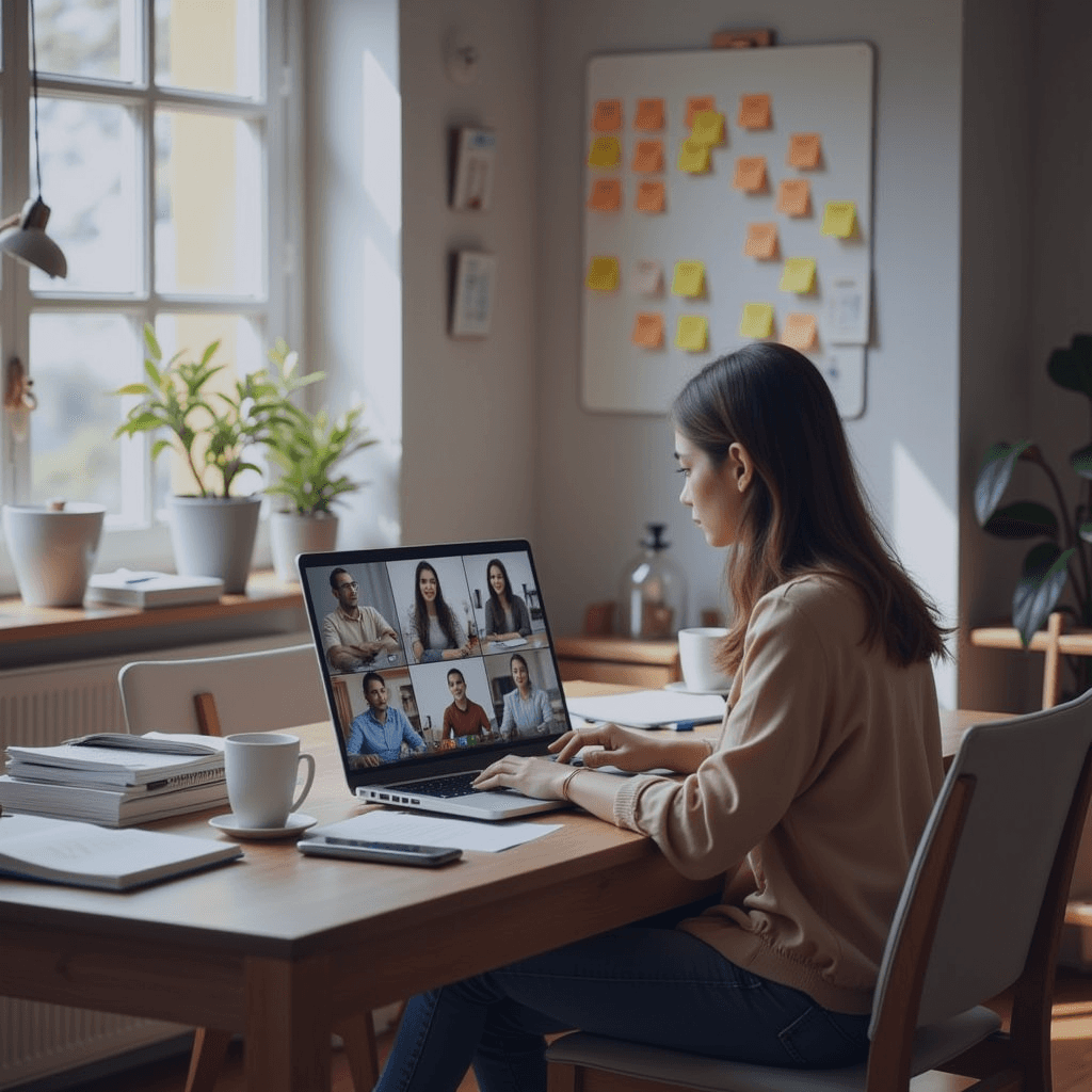 une personne en visio-conférence qui télétravail chez elle