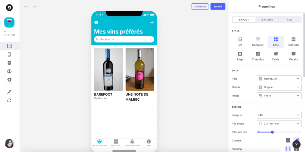 Interface de GLIDEAPPS, l'outil de création d'application mobile en ligne, no-code et gratuit