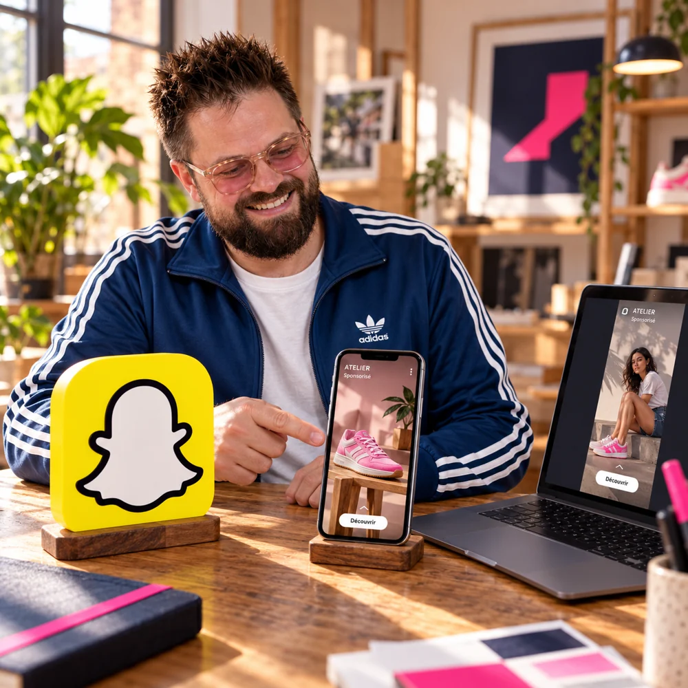 Anthony présente une publicité verticale sur smartphone, à côté du logo Snapchat dans l’atelier wewake.