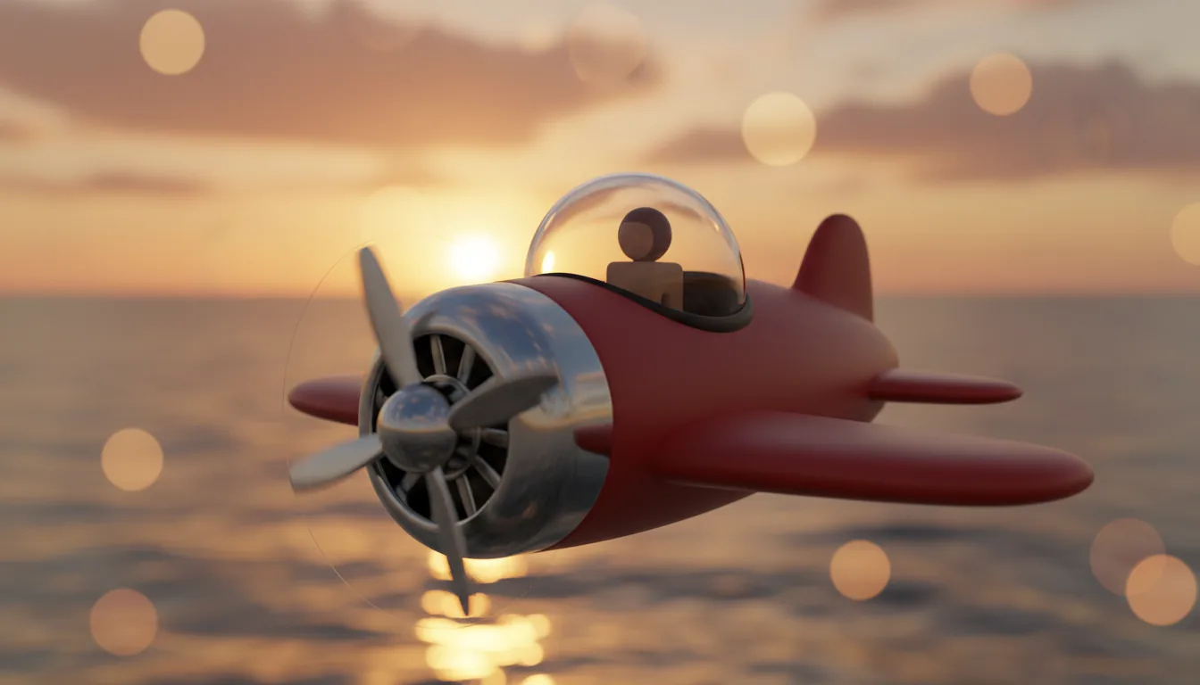 A highly detailed 3D render in the style of Blender, featuring a stylized chubby toy propeller airplane with a matte red body, polished chrome engine cowling, and a four-blade propeller. A simple pilot figure is visible inside a clear glass bubble canopy. The airplane is captured in sharp focus with a shallow depth of field, flying against a photorealistic, blurry ocean background during golden hour sunset, creating soft global illumination and a warm bokeh effect.
