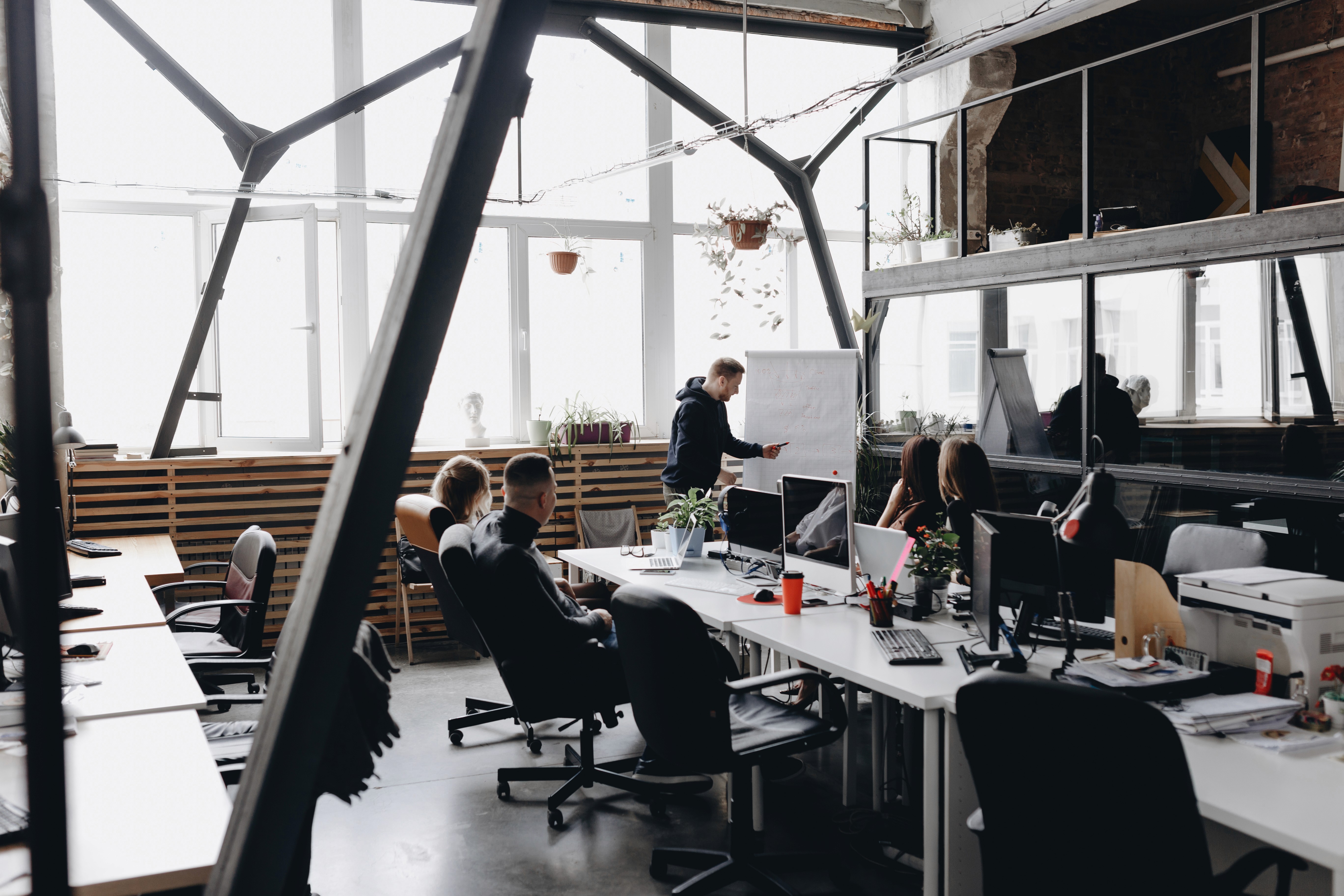 Spacious open-plan office with rows of desks and striking circular ceiling lights.
