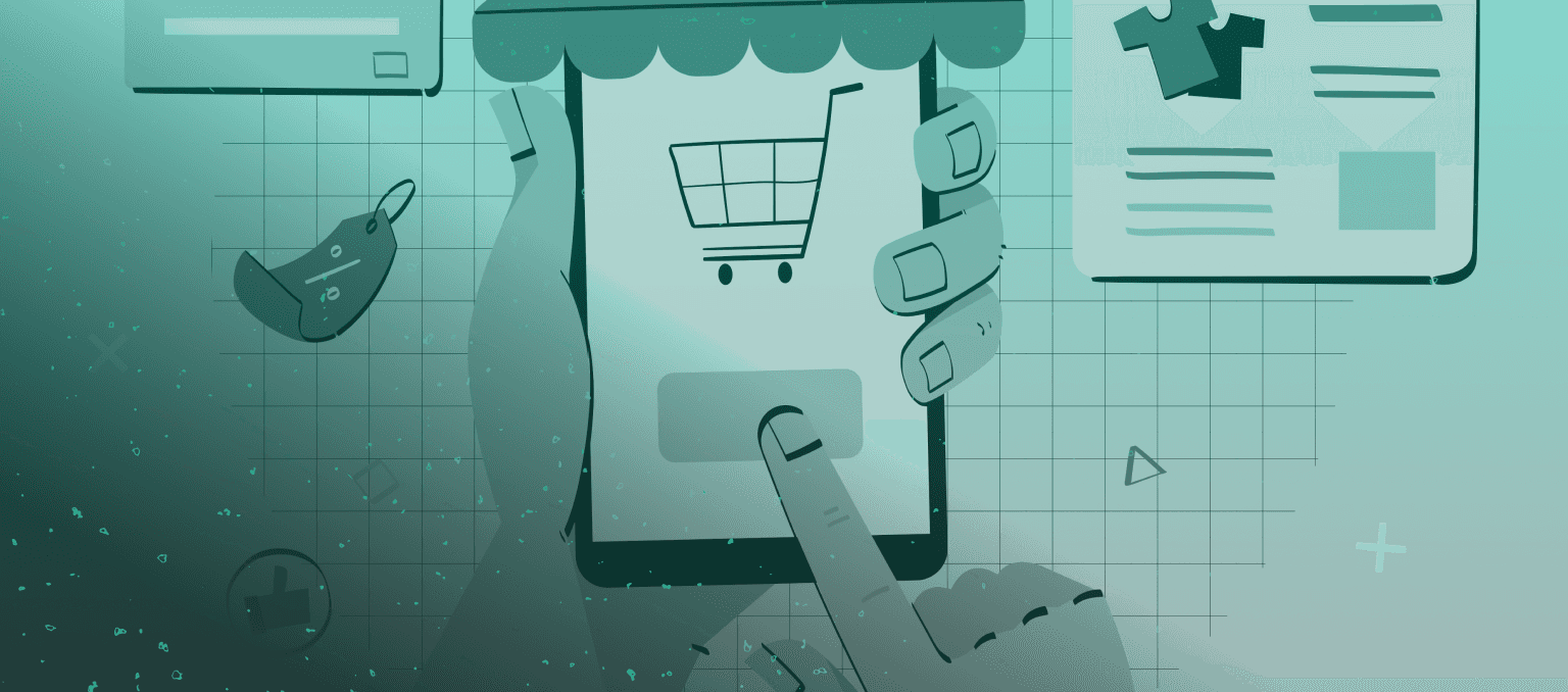 Shopper tapping a buy button on a storefront-style phone, the first purchase that post-purchase emails turn into a second order.
