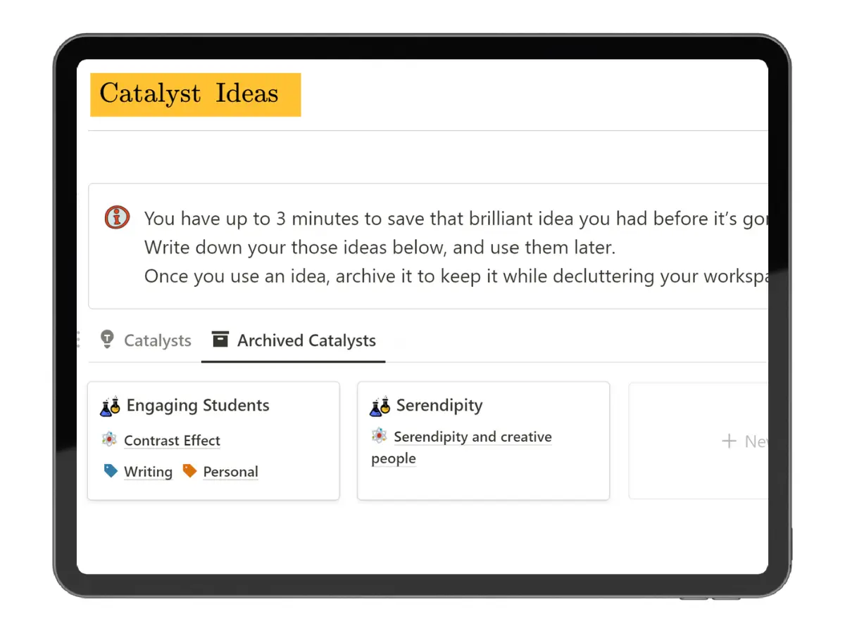 Screenshot of the Catalyst Ideas section in the Insight Incubator Notion template showing quick idea entries like Engaging Students and Serendipity
