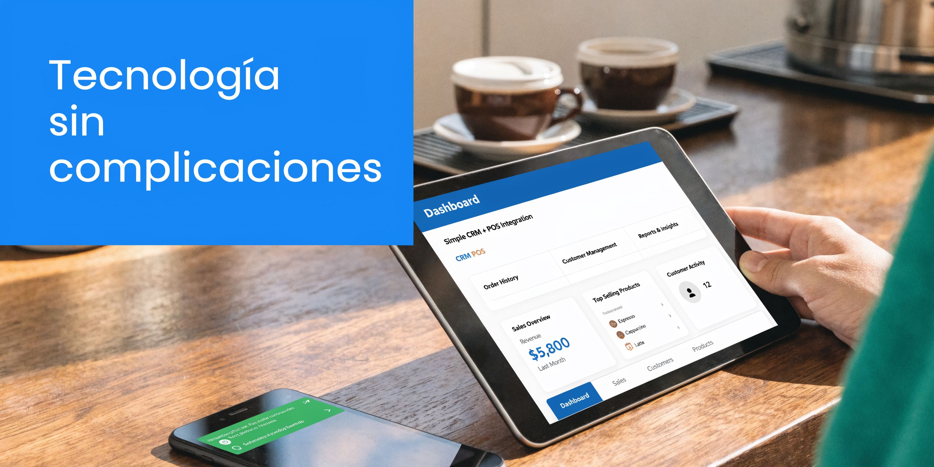 Una tableta digital mostrando un panel de control empresarial con funciones de CRM y punto de venta.