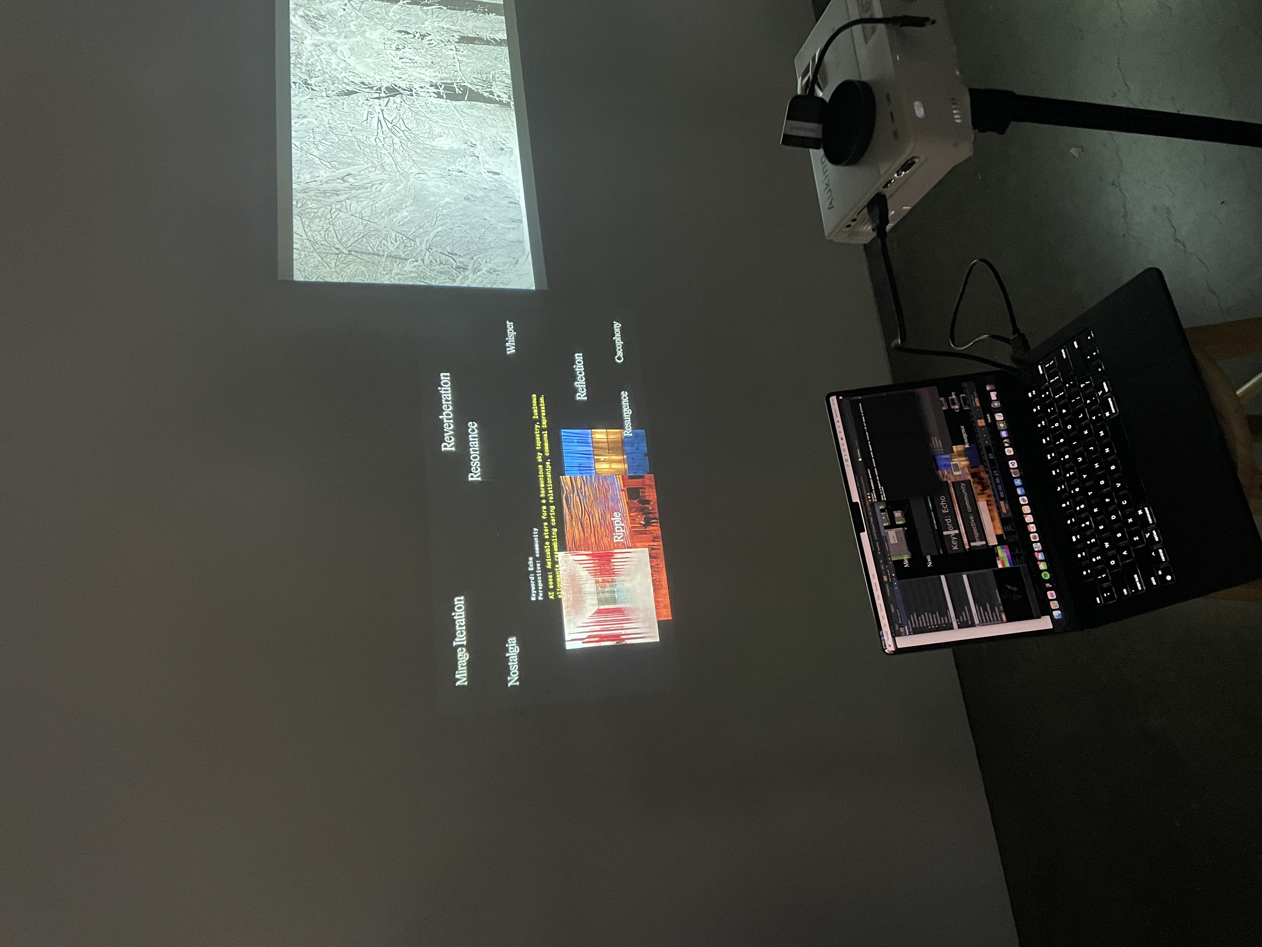 A laptop next to a projector in a dark room. An assortment of words and pictures are displayed on the wall.