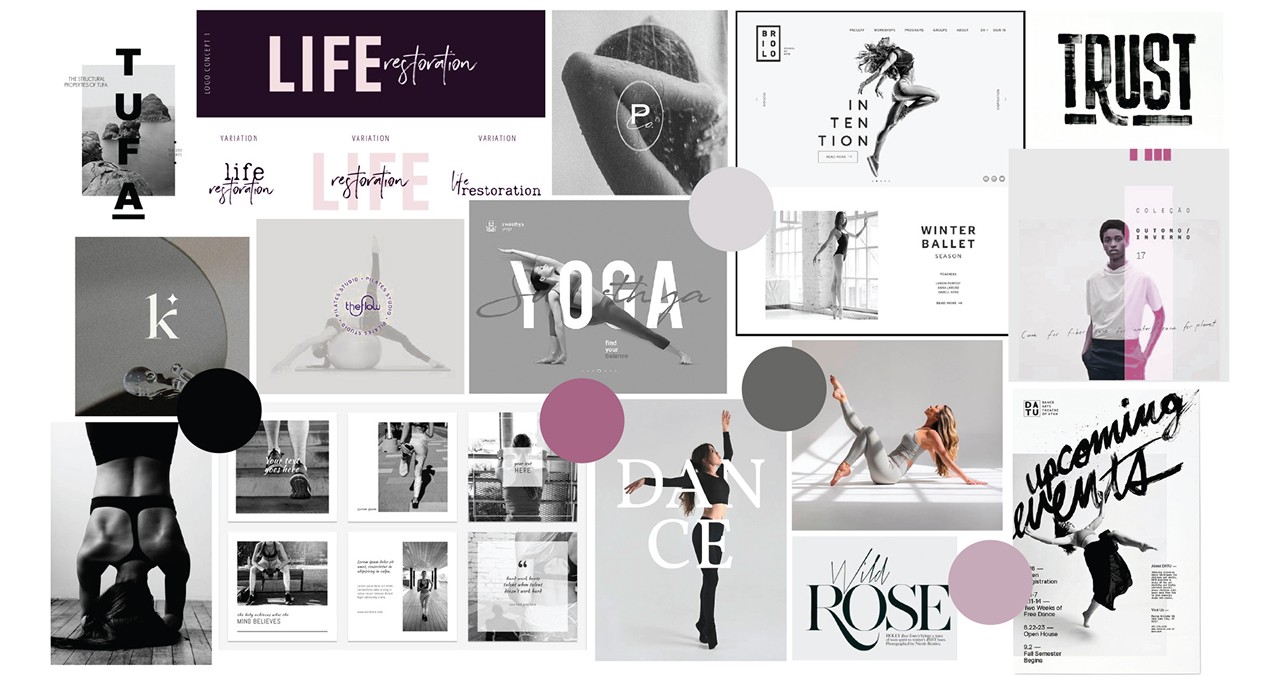 Fitness brand moodboard featuring typography, movement imagery, and lifestyle visuals