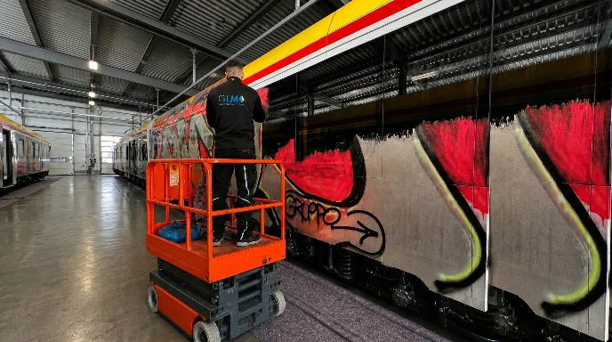 Eine Reinigungskraft in schwarzer GLM-Arbeitskleidung steht in einer Wartungshalle auf einer orangefarbenen Scherenhebebühne und entfernt mit Reinigungsmittel großflächiges Graffiti von der Flanke eines Personenzuges.
