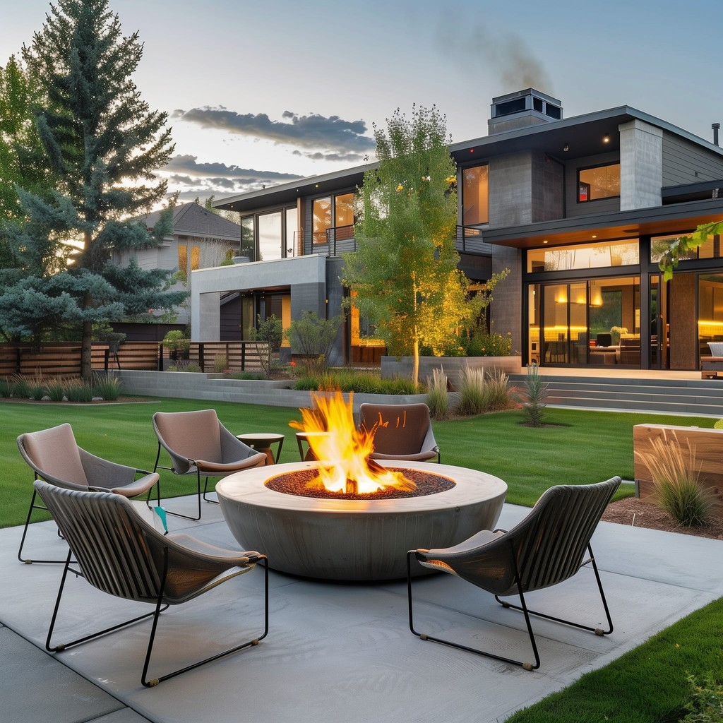 backyard of suburban home in castle pines, Colorado with fire pit, lawn chairs, rocks, plants, trees and artificial turf