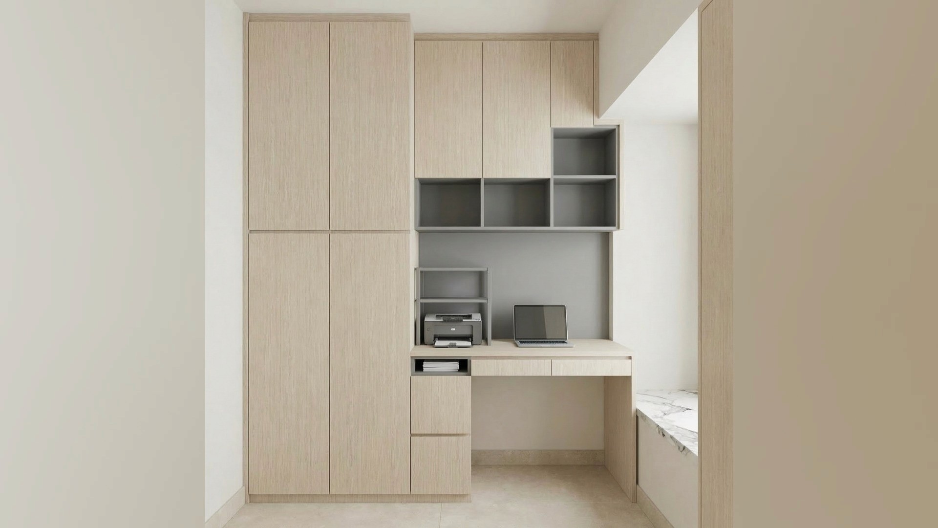 Extending from the window sill, this integrated desk at Waterside Plaza utilizes fluted wood panels and functional storage to maximize productivity in a compact footprint.