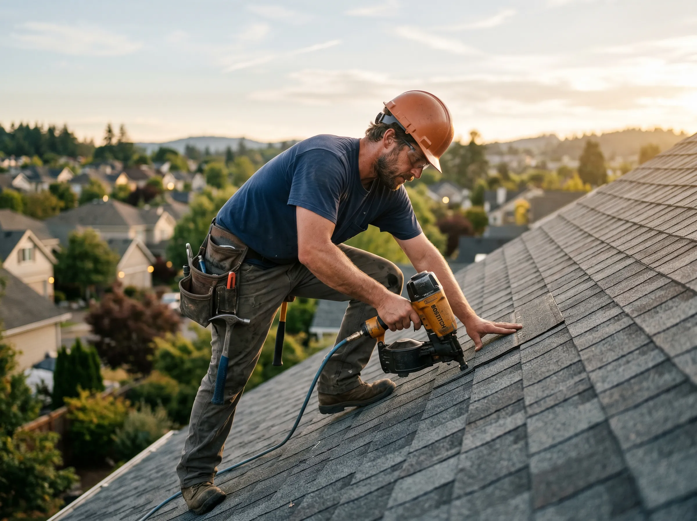 Man in a hard hat installing roof shingles with a nail gun.