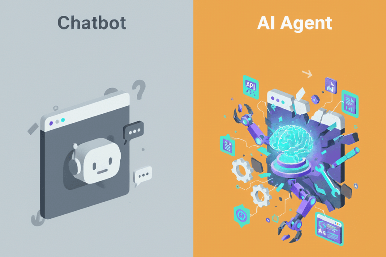 Visual comparison showing the difference between AI chatbots and chat agents for business automation