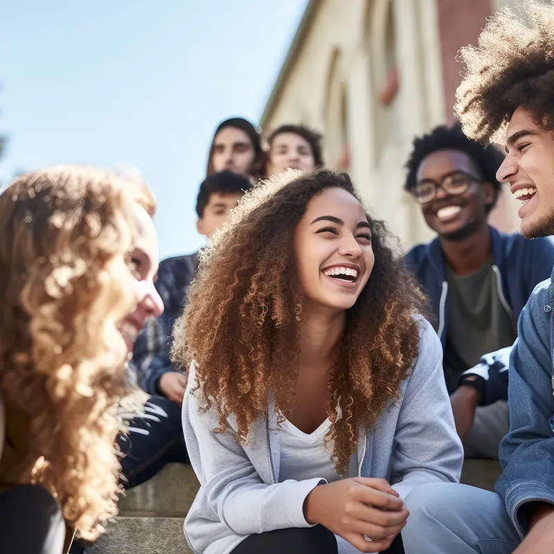 “A diverse group of young adults sit on outdoor steps laughing and talking together, enjoying a sunny day near a school or community building.