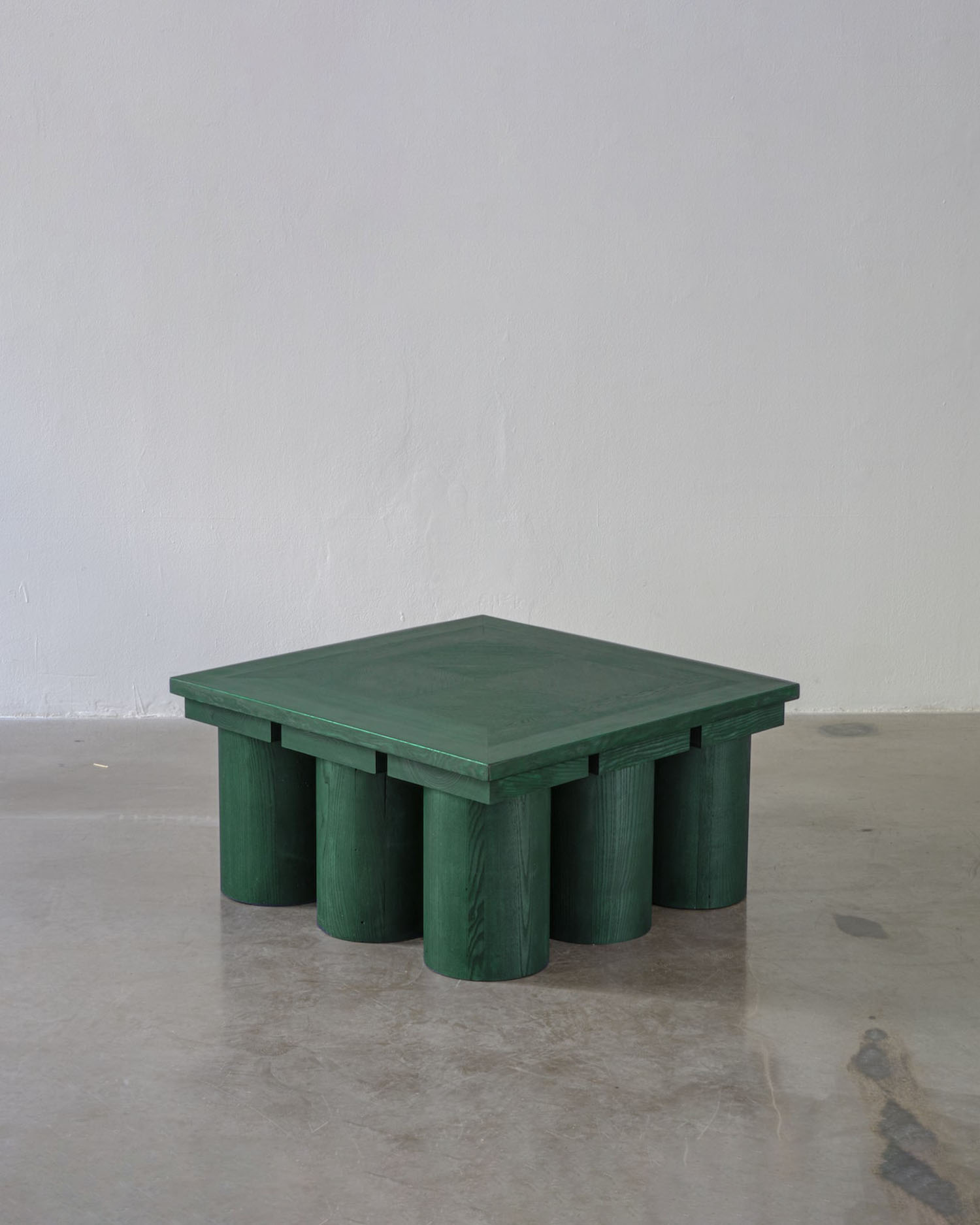 Kalokagathos low table in white and green-stained solid ash wood, designed by Jiří Krejčiřík.