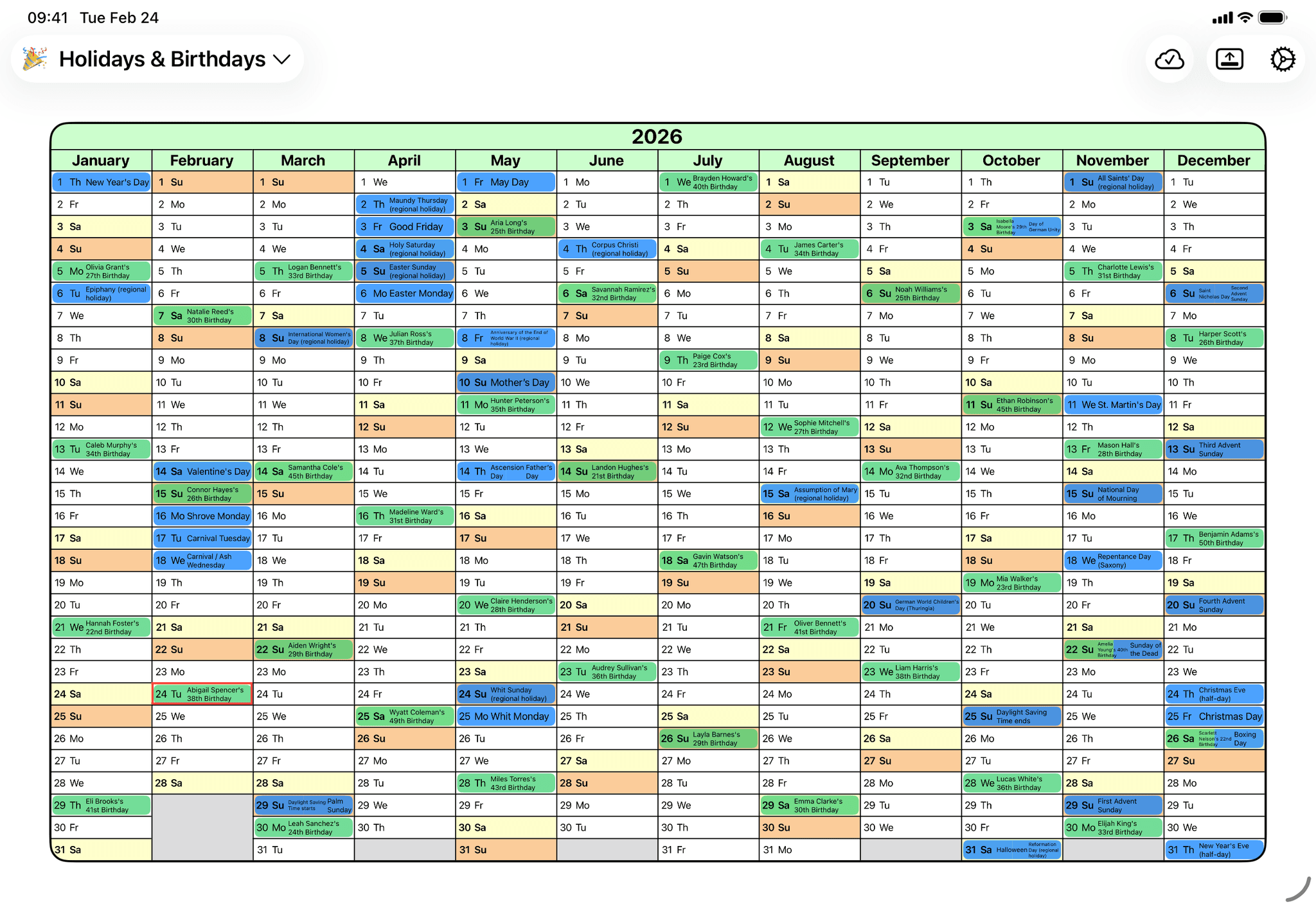 Yearli full year calendar overview showing all 12 months on iPad