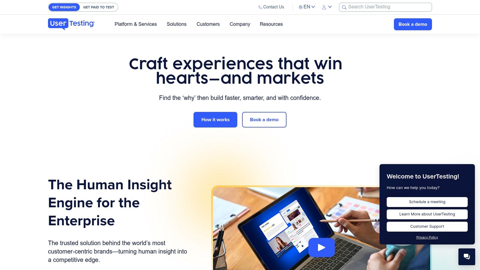 A screenshot of the UserTesting website homepage showing the main value proposition.