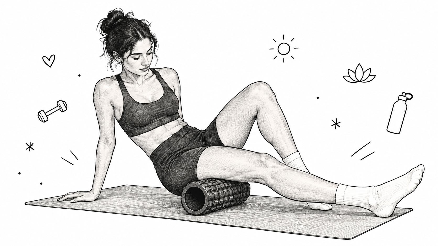 A woman using a foam roller on her leg while sitting on a yoga mat to exercise.