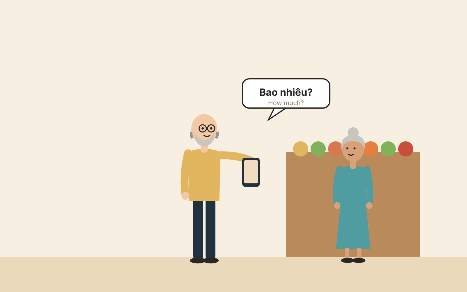 Illustration: an older man using a translation app to ask a fruit seller 