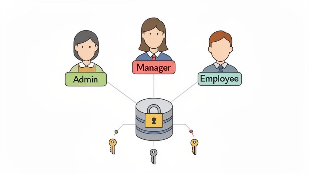 Illustration of user roles (Admin, Manager, Employee) accessing a locked database with keys, symbolizing data governance.