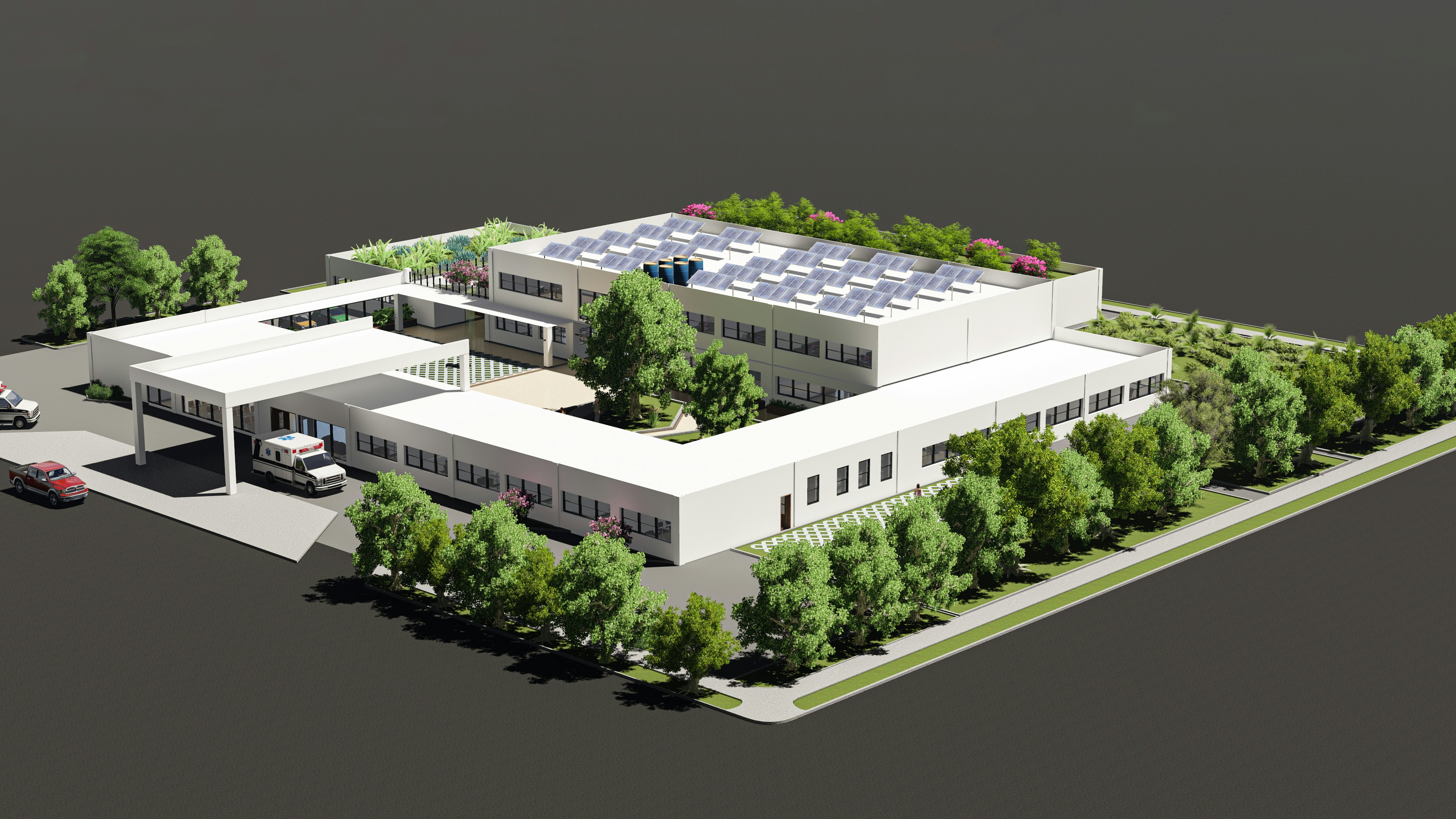 Large commercial building architectural model with surrounding landscape and trees