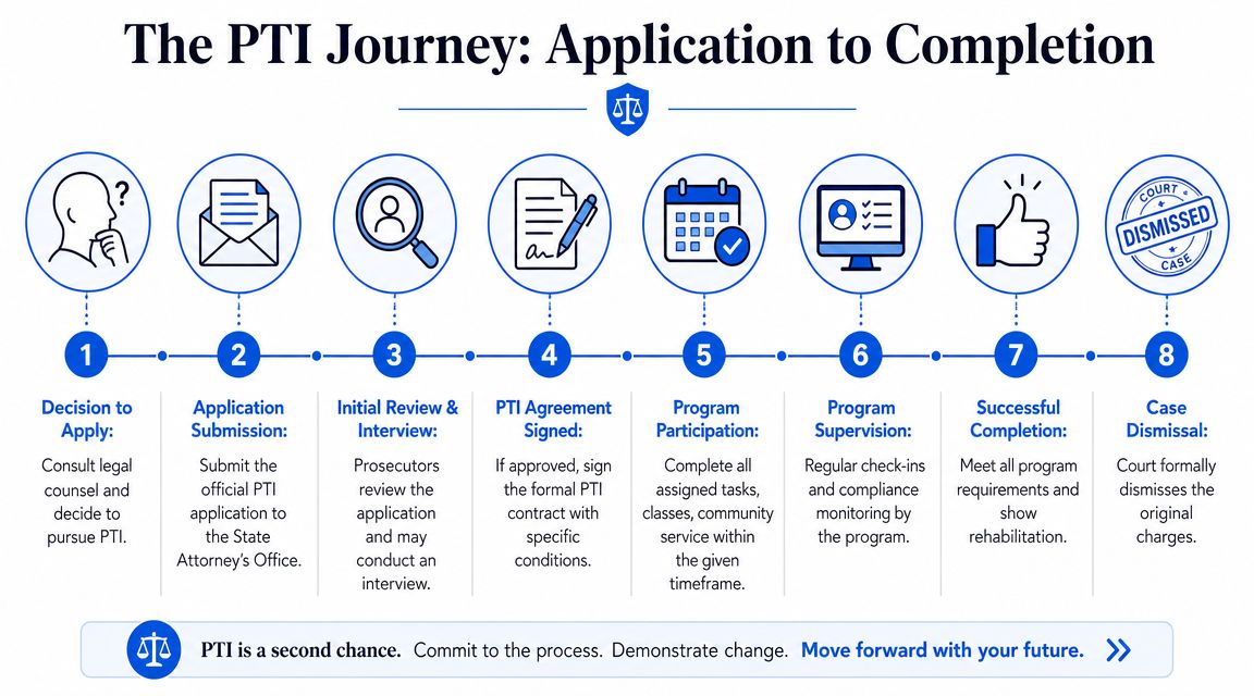 An eight-step infographic illustrating the Pretrial Intervention program process from application to final case dismissal.