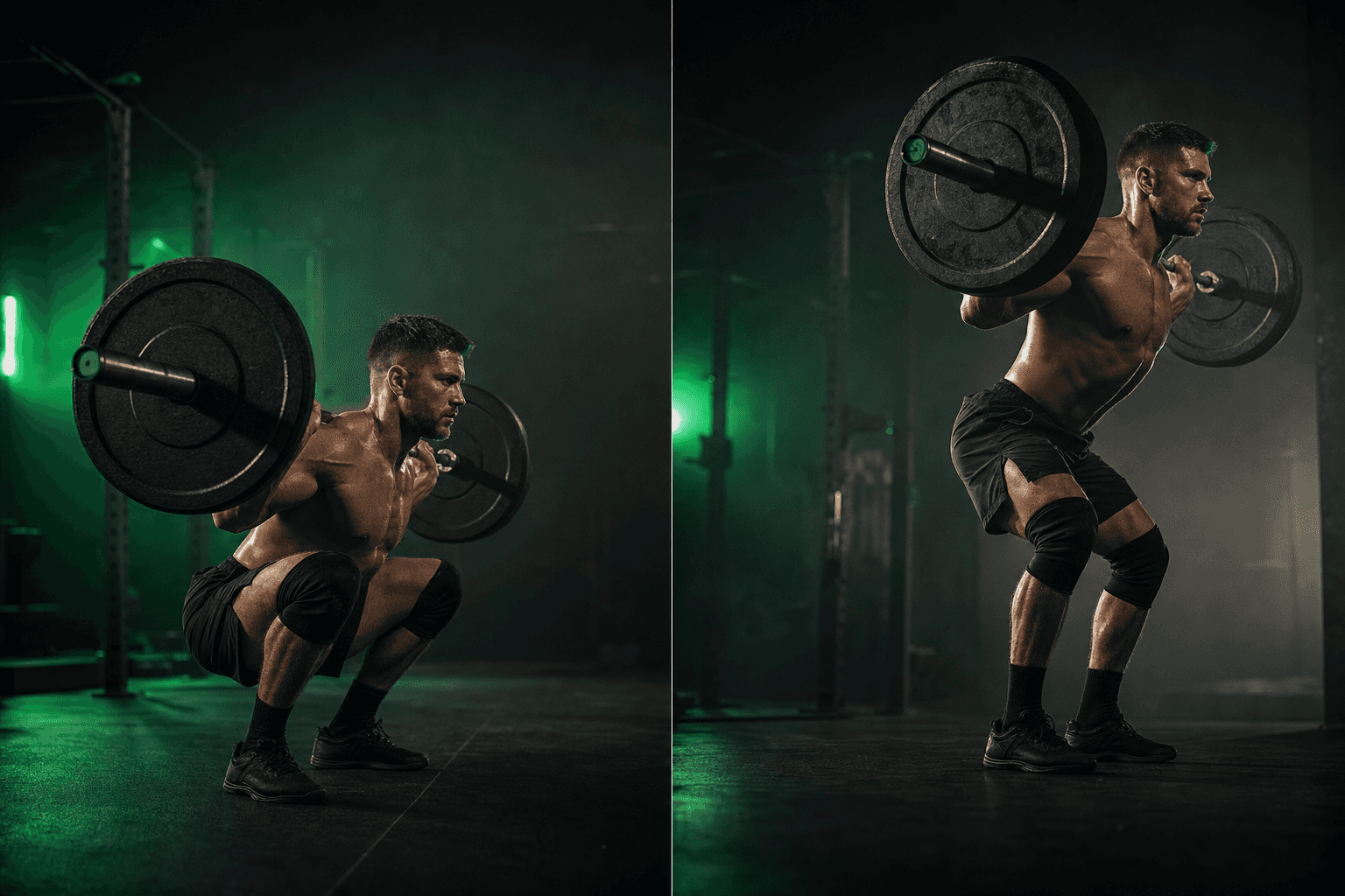 Split image contrasting a deep full-range squat with a shallow partial-rep squat