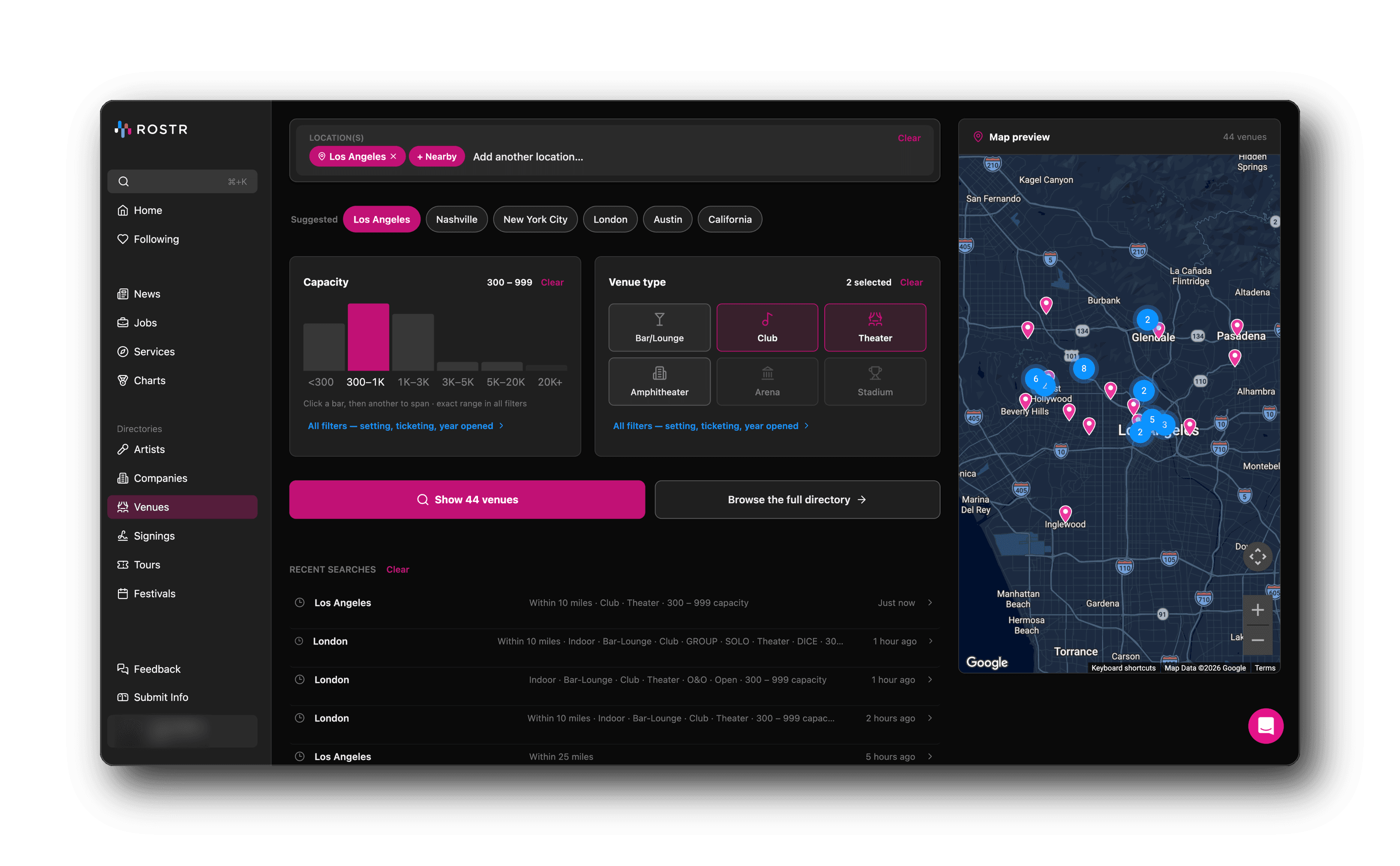 ROSTR Venues search for Los Angeles with capacity and venue type filters next to a map