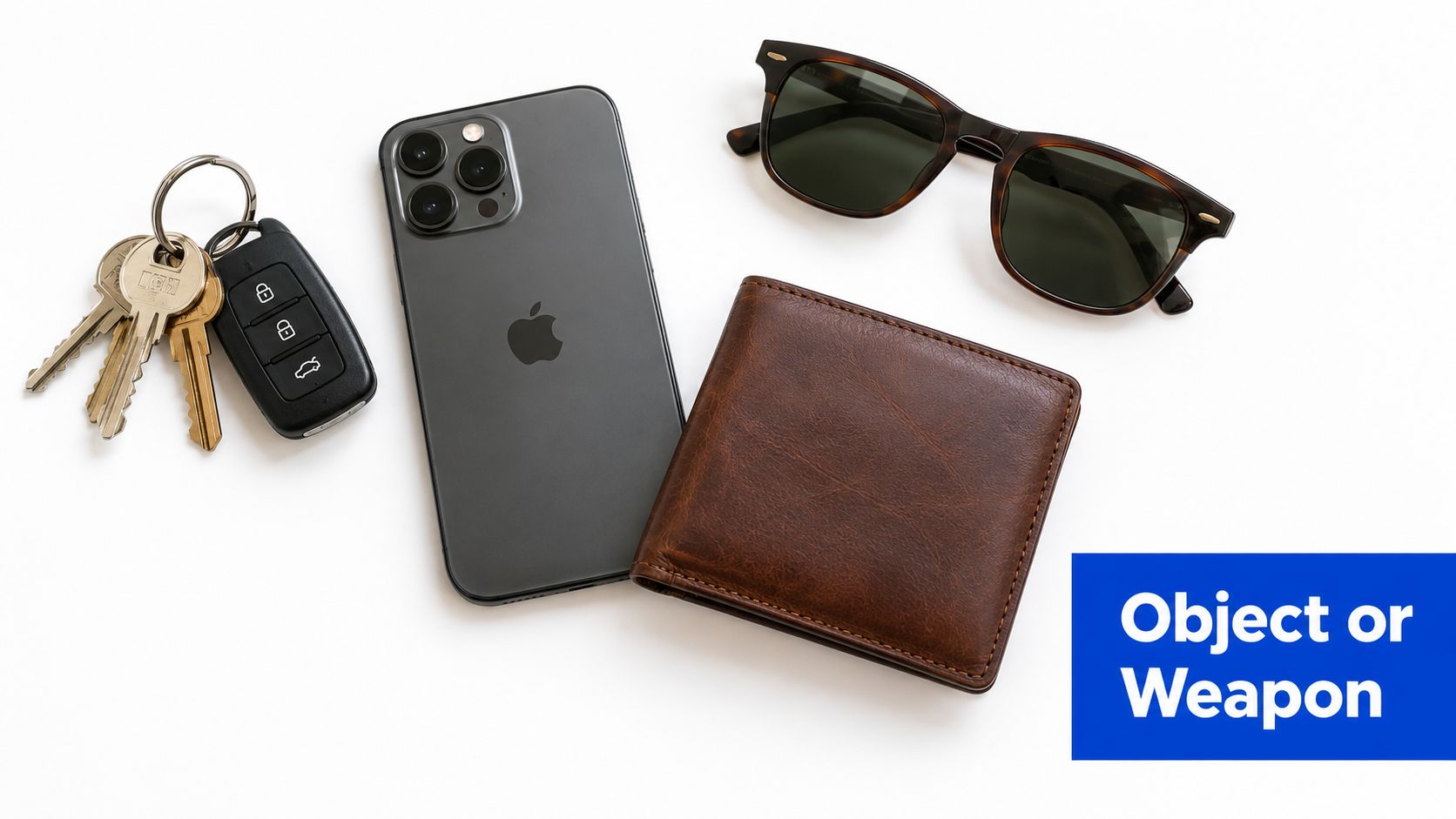 A top-down view of everyday carry items including a smartphone, car keys, sunglasses, and a leather wallet.
