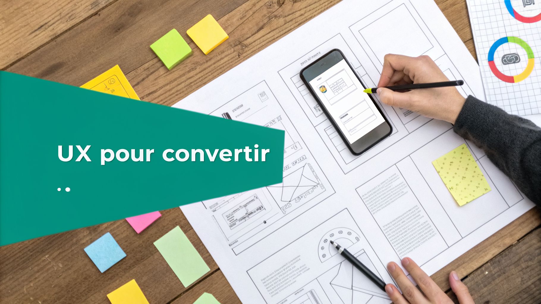 Main tenant un stylo sur un bureau avec des wireframes, un smartphone et des notes. Bannière UX pour convertir.