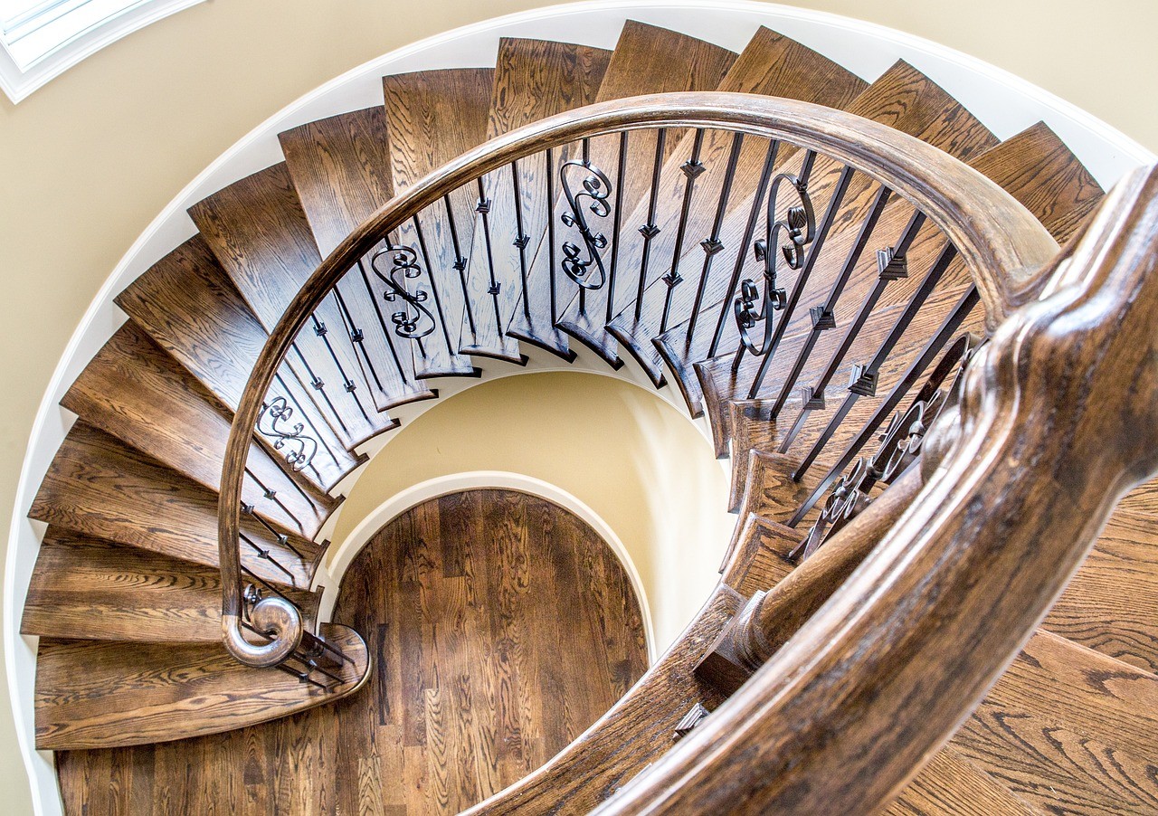 A wood spiral staircase