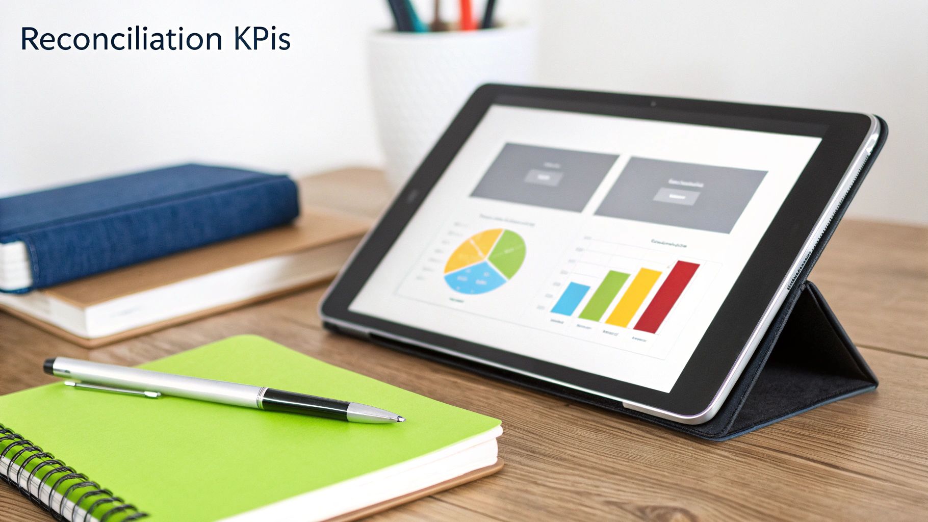 A desk with a tablet displaying reconciliation KPIs, charts, notebooks, and a pen.